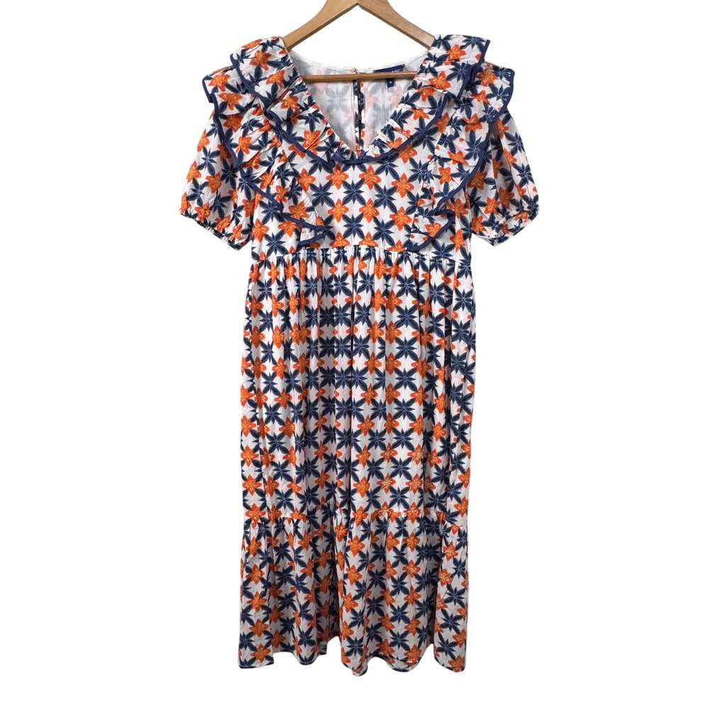 Tuckernuck Ros Garden Barbados Dress Blue Orange Floral Star Ruffle Midi M NEW